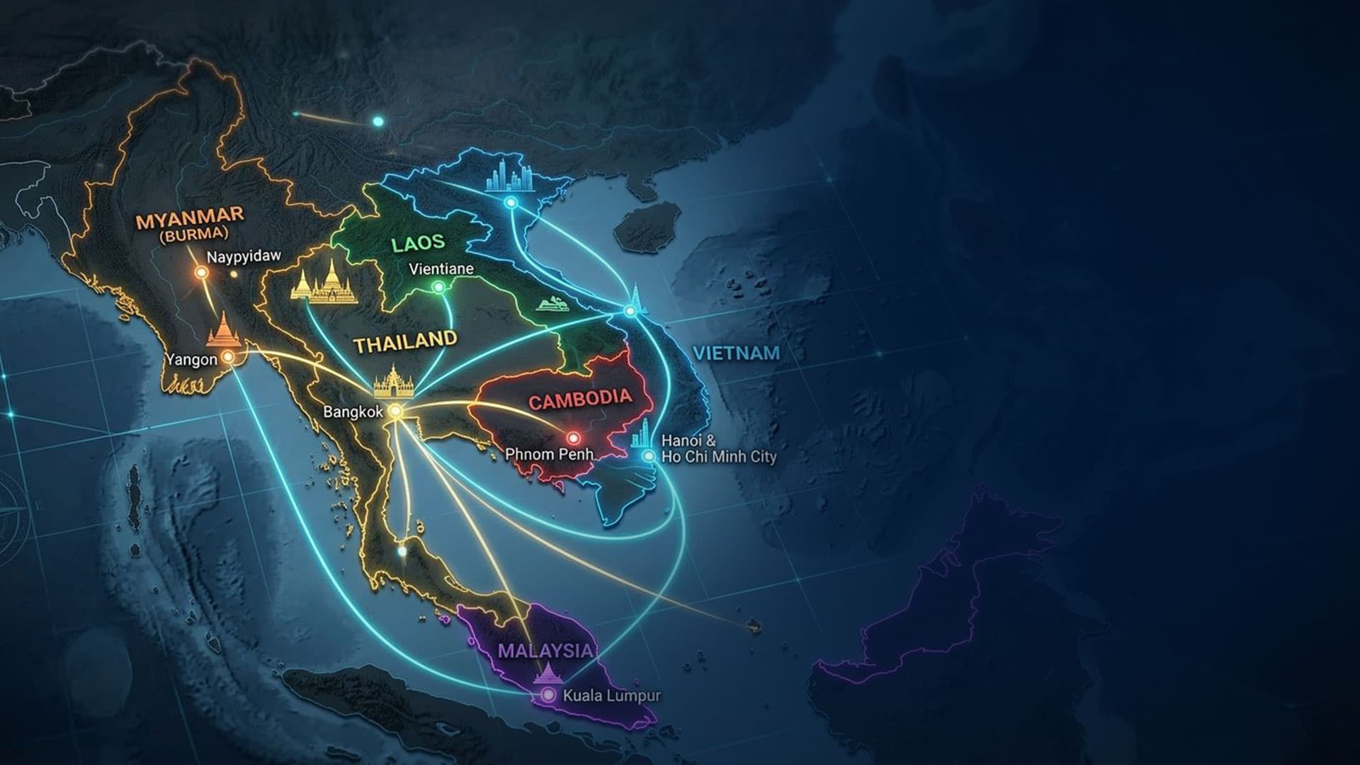 Southeast Asia regional network connecting Thailand, Myanmar, Laos, Cambodia, Vietnam, and Malaysia