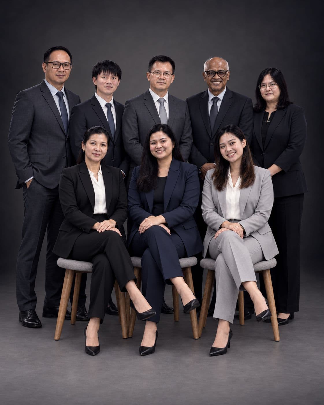 Eight MTKN Thailand team members in business attire posing together for a studio group photograph.